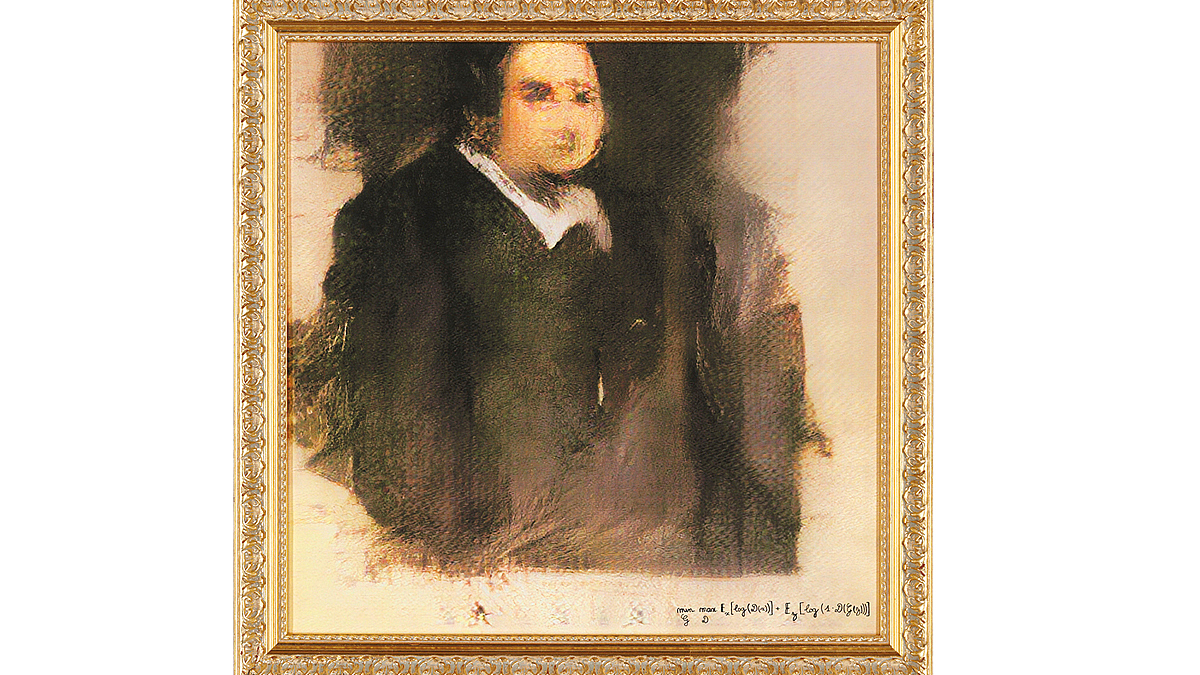 Ein eingerahmtes und verschwommenes Porträt-Gemälde eines Mannes.