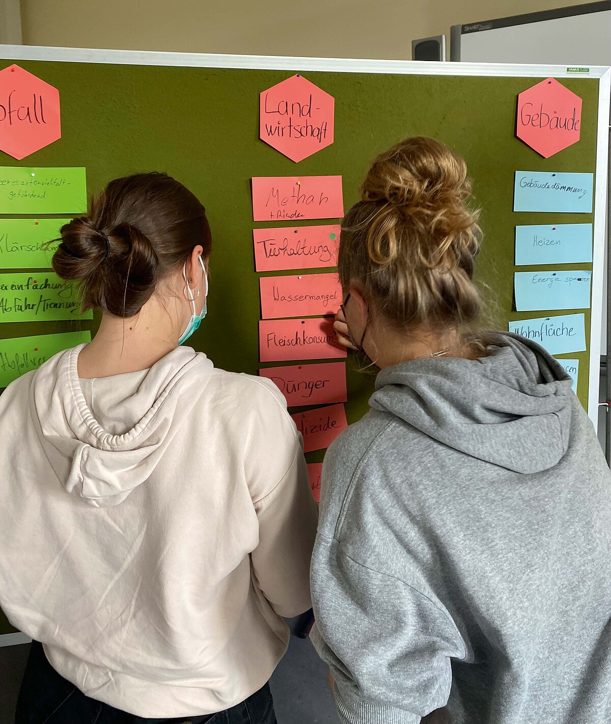 Zwei Jugendliche stehen vor einer Pinnwand mit Moderationskarten, die mit unterschiedlichen Nachhaltigkeitsthemen beschriftet sind.