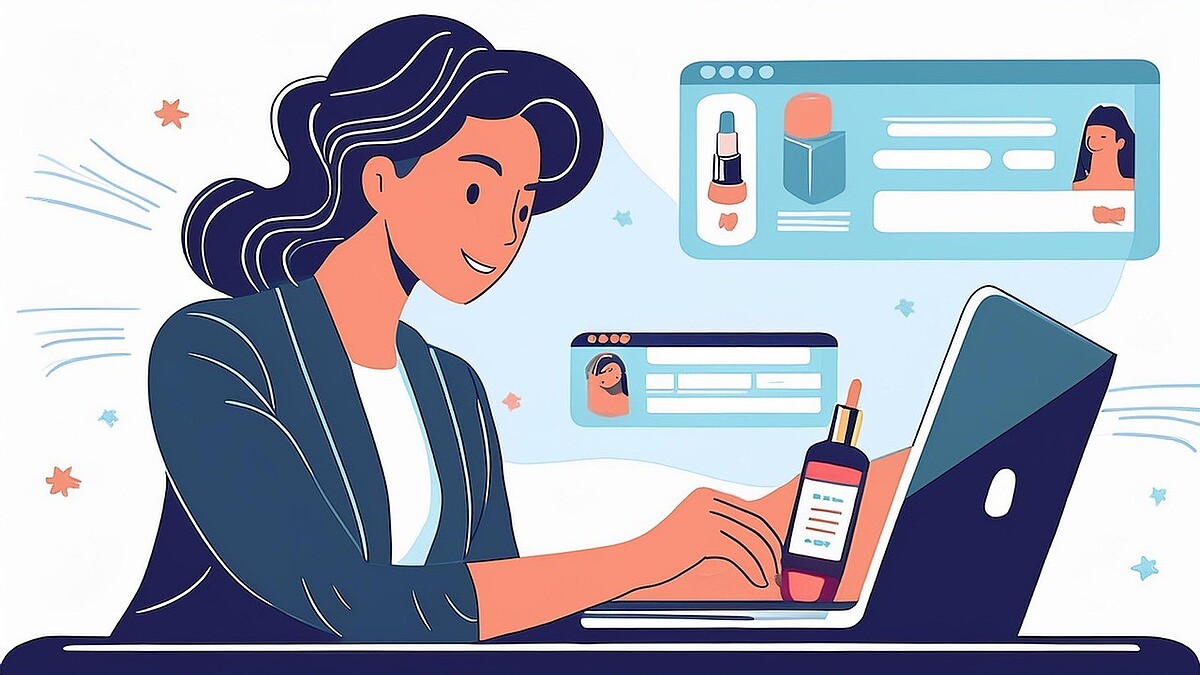 In der Grafik schaut eine Frau auf einen Laptop. Sie hält eine Kosmetikflasche in der Hand. Im Hintergrund sind zwei Kommentare zum Produkt angedeutet.