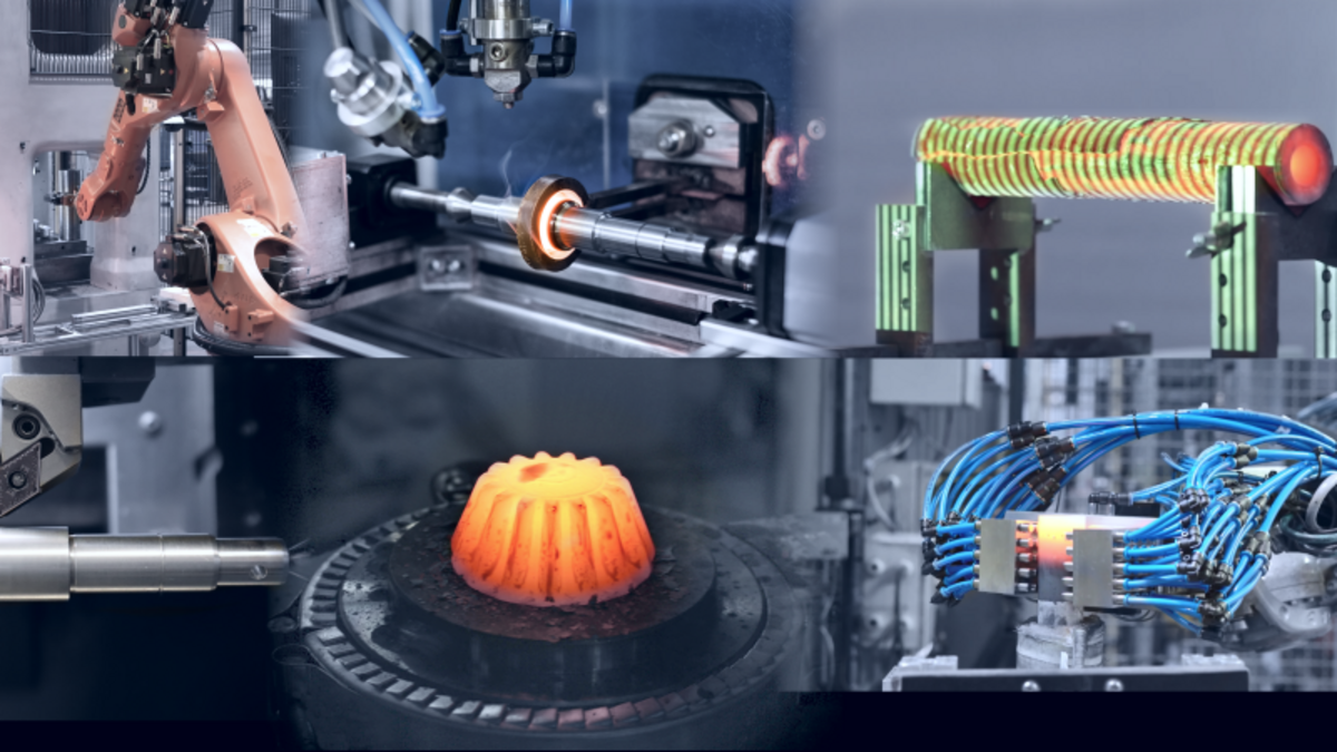 Die Collage zeigt die Prozessschritte Umformung, Wärmebehandlung, Zerspanung, Handhabung und optische Geometrieprüfung verschiedener hybrider Bauteile.