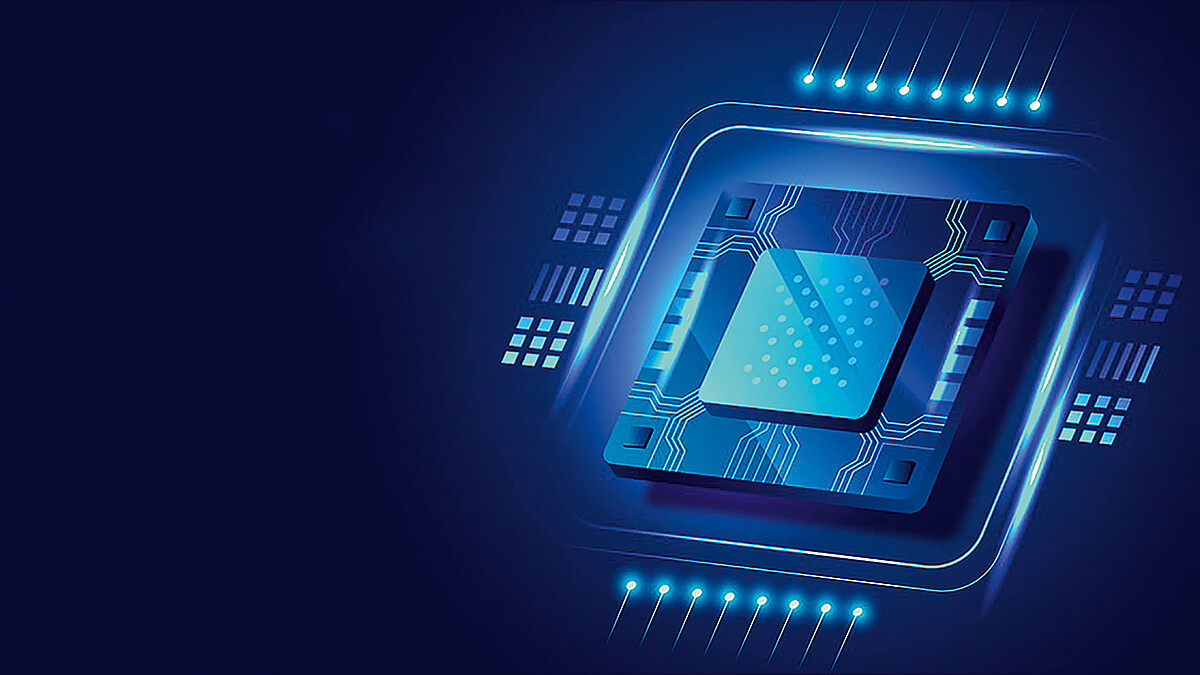 Das Bild zeigt einen stilisierten Computer-Chip mit Kontakten.