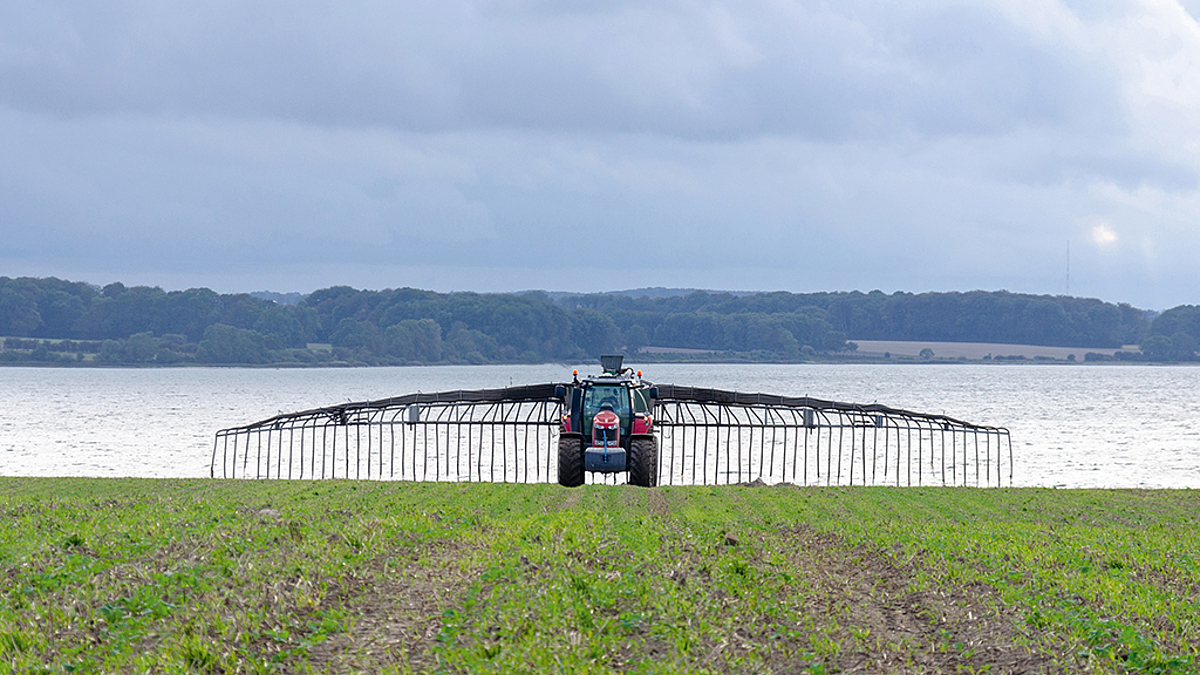 Eine landwirtschaftliche Maschine verteilt Düngemittel auf ein Feld. Hinter dem Feld befindet sich ein Gewässer.