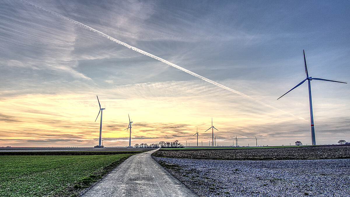 Windenergieanlagen links und rechts eines Feldweges