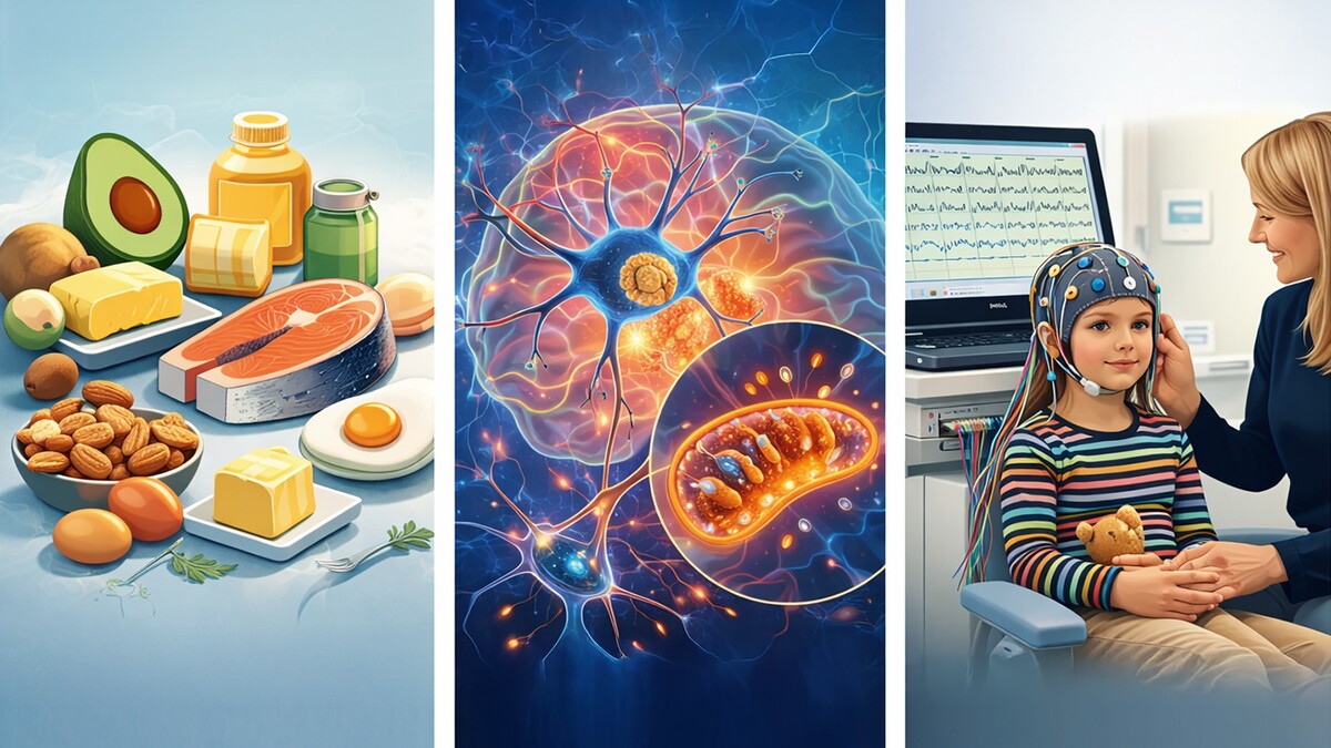 Die Collage zeigt fettreiche Lebensmittel wie Butter, Avocado, Käse und Fisch; eine Illustration mit Gehirn, Nervenzelle und Mitochondrium; sowie ein Kind, das eine Haube mit Elektronen trägt und vor einem Monitor sitzt, der wellenförmige Gehirnströme zeigt.