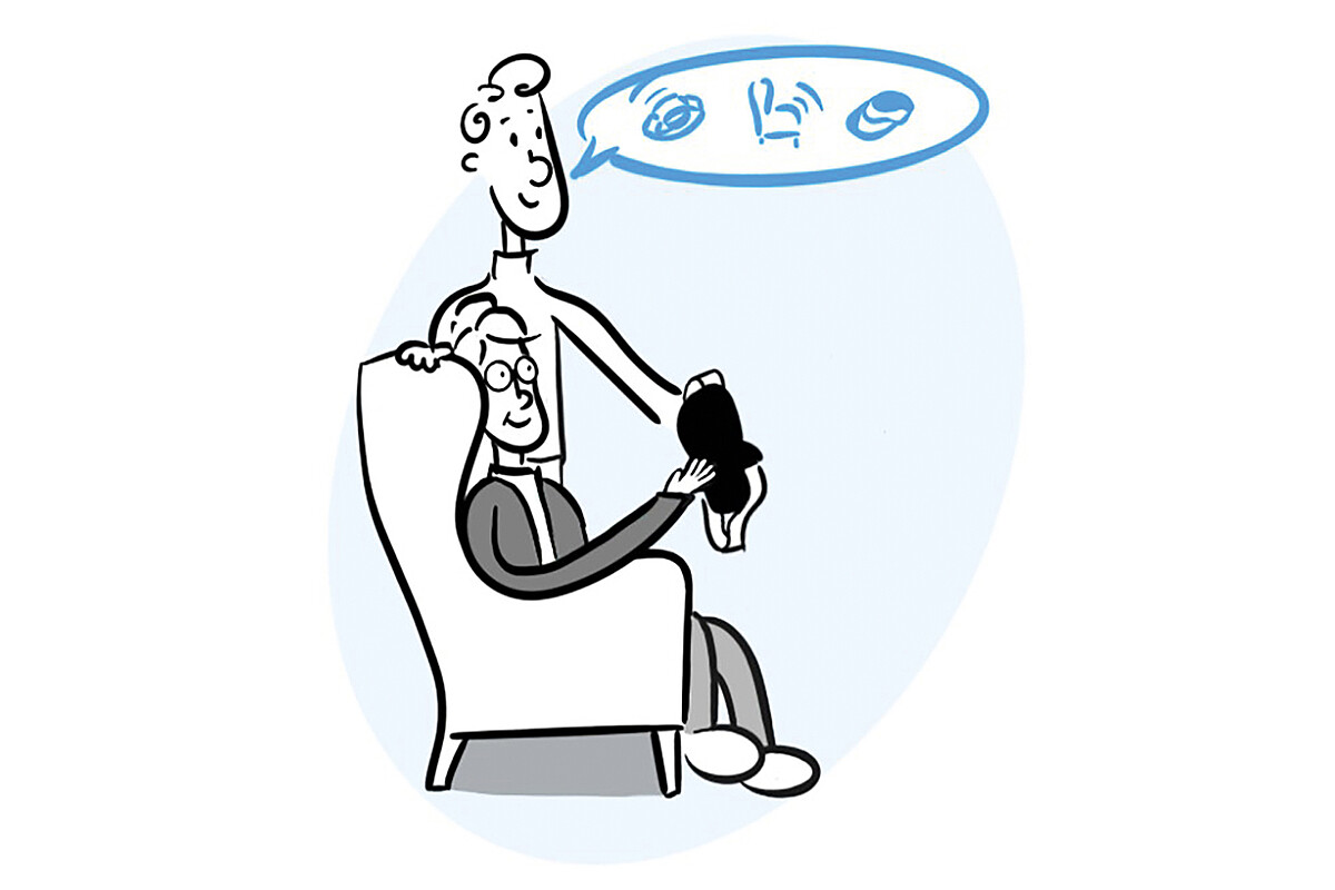In der Grafik reicht ein junger Mann einer Seniorin im Sessel eine VR-Brille und spricht zu ihr.