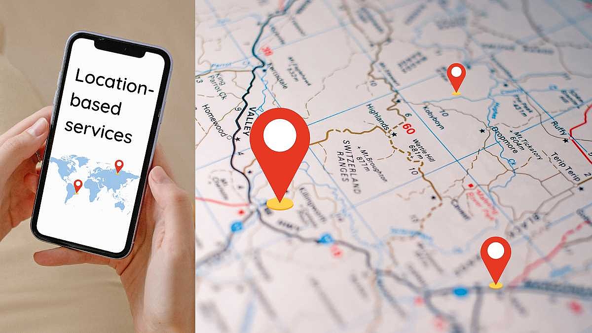 Ein Handydisplay mit dem Schriftzug Location-based services steht neben einer Landkarte mit Ortsmarkierungen.