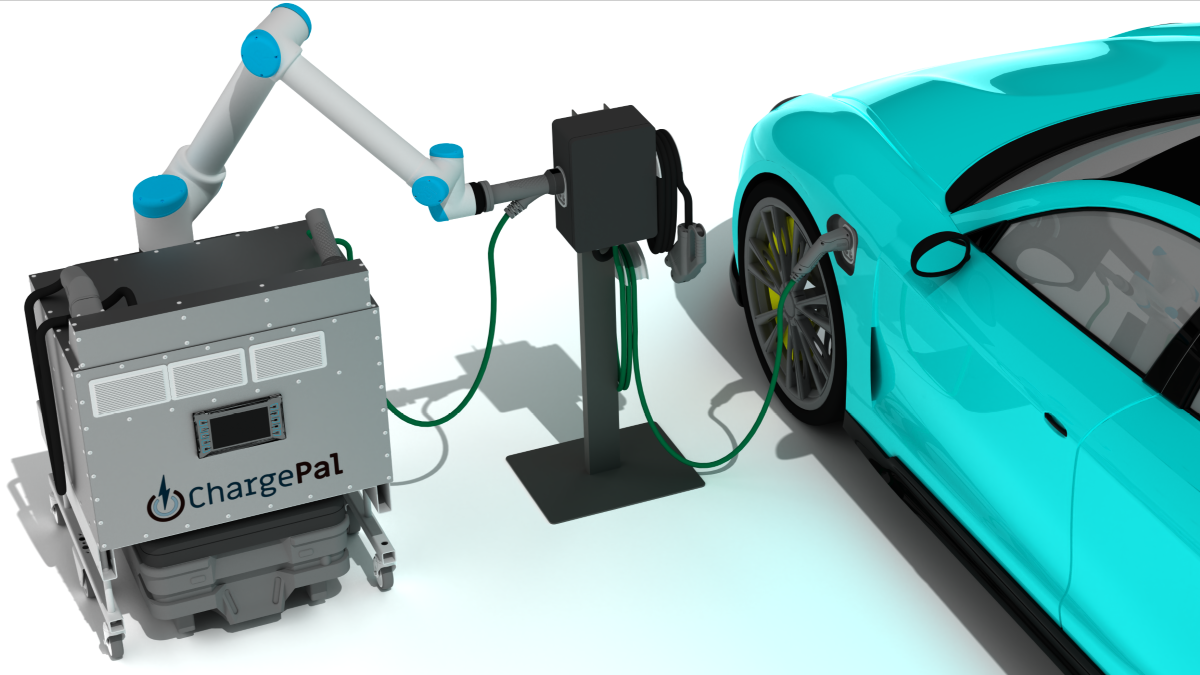 Eine Roboterplattform mit Roboterarm schließt den Ladestecker einer Batterie ans Auto an.