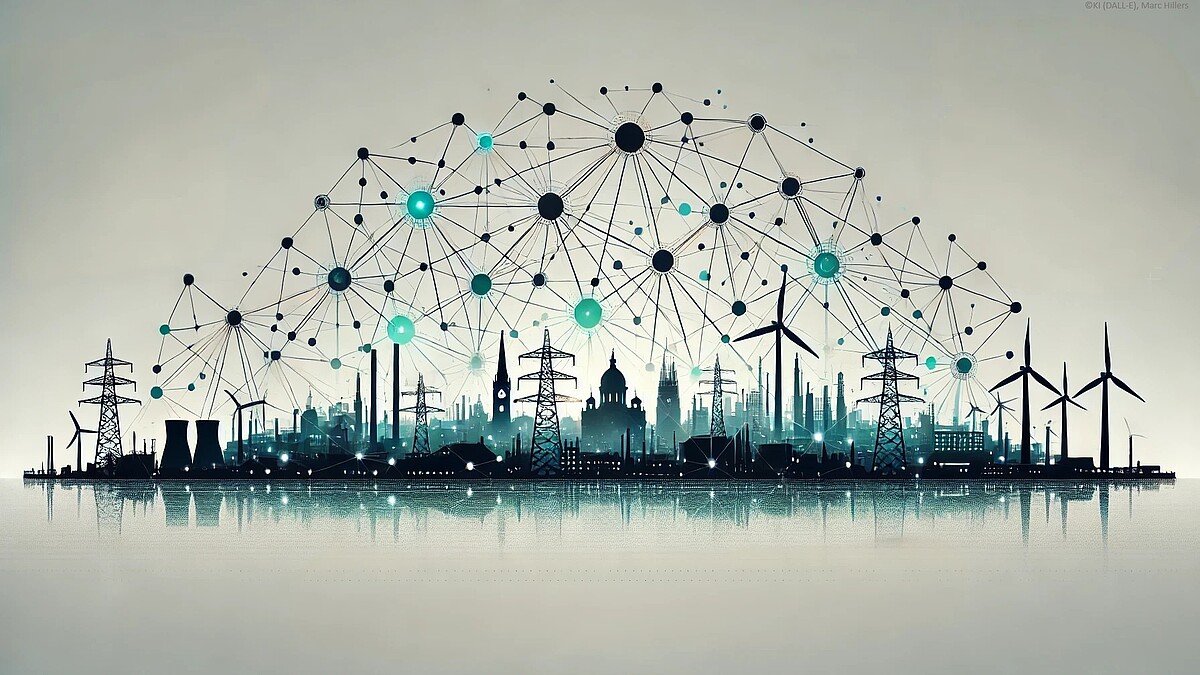 Eine grafische Stadtansicht mit Gebäuden, Industrie- und Energieanlagen, überragt von einem Netzwerk aus verbundenen Knotenpunkten, das die digitale Vernetzung symbolisiert.
