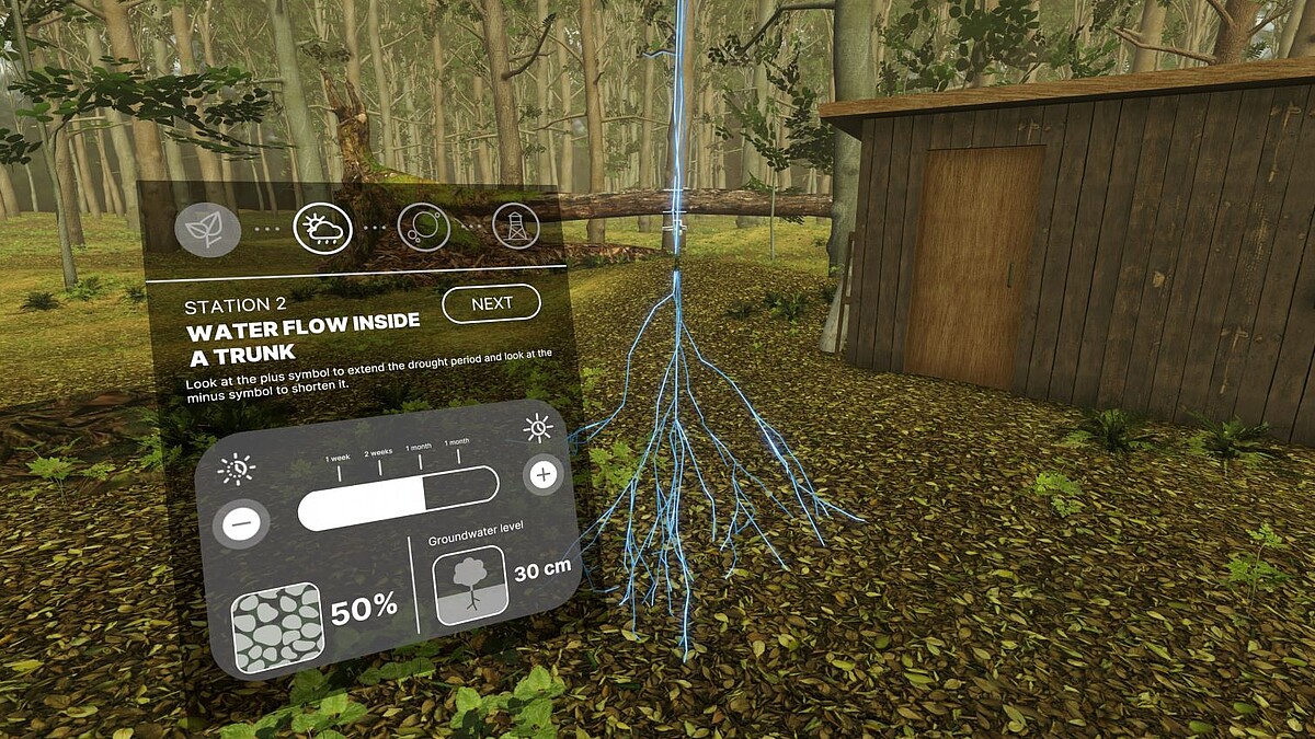 Der Screenshot aus der virtuellen Inszenierung zeigt die Leitbahnen eines Baumes und ein Display, mit dem sich die Wasserzufuhr für den Wald regulieren lässt.
