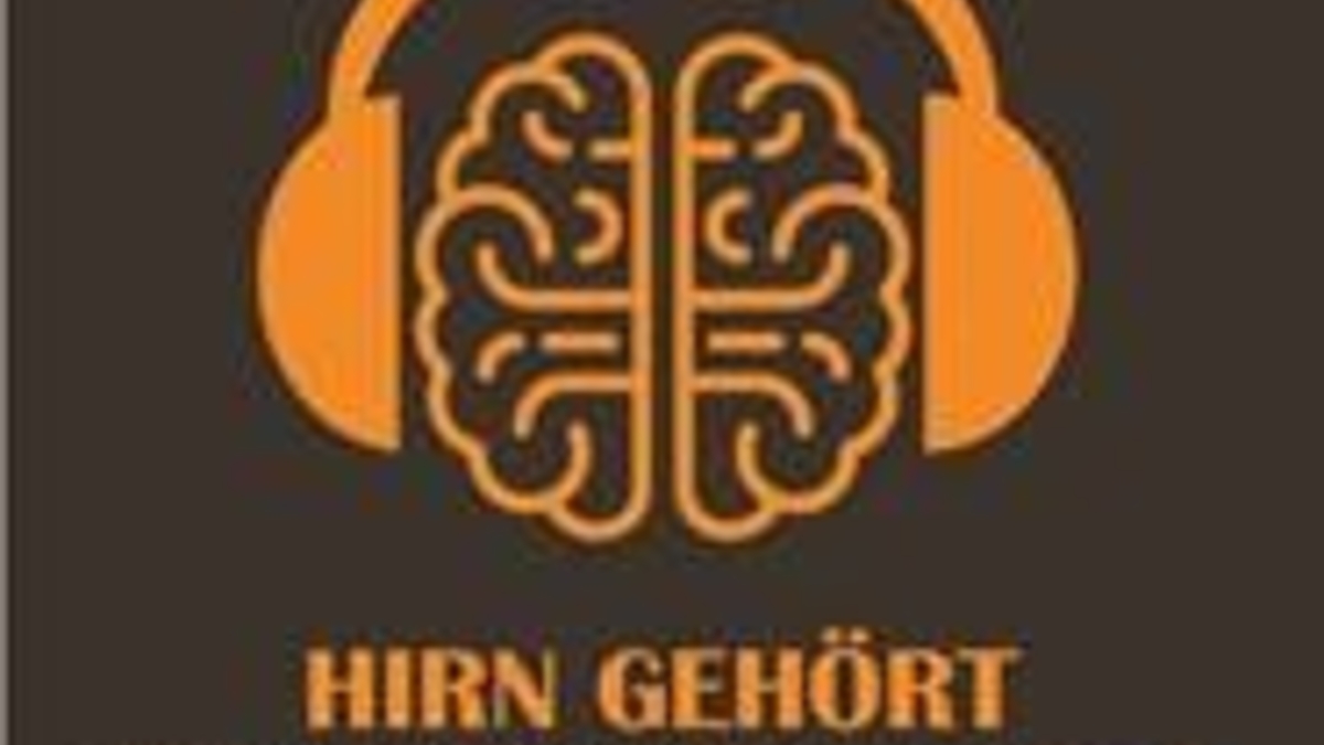 Das Coverbild des Podcasts „Hirn Gehört“ bildet ein Gehirn ab, welches Kopfhörer trägt.