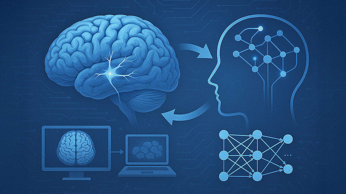 Die Grafik zeigt ein Gehirn mit einem Neuron und einen Avatar-Kopf mit Netzwerk-Punkten. Pfeile und Laptops veranschaulichen den wechselseitigen Austausch.