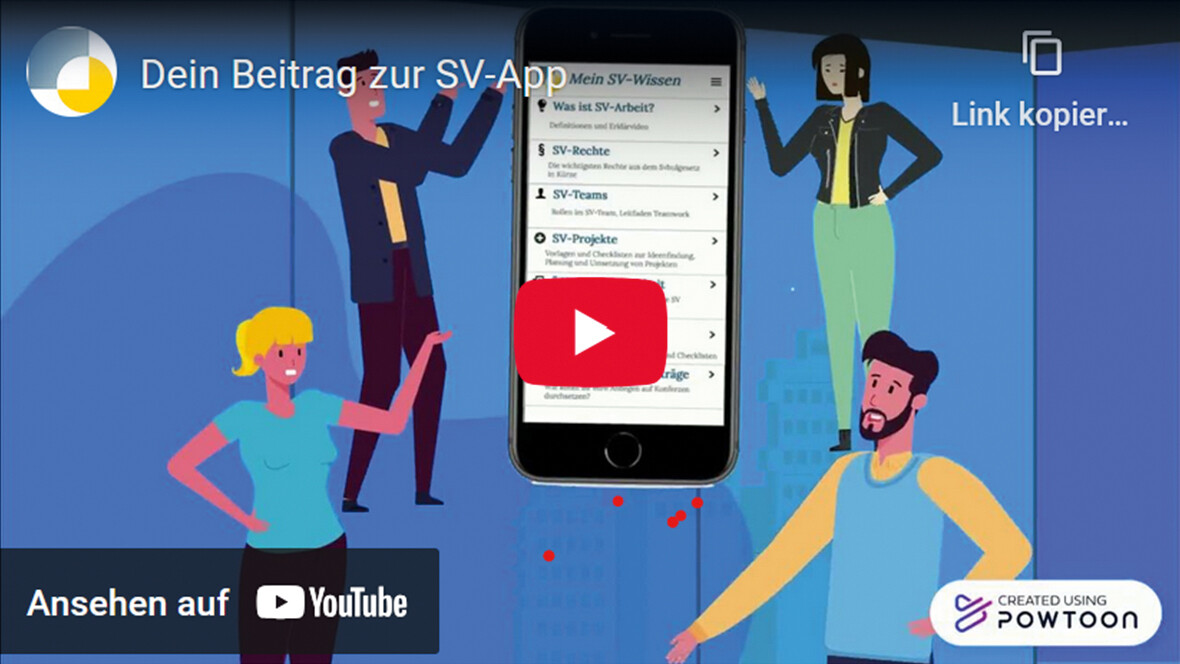 Die Grafik trägt den Schriftzug „Dein Beitrag zur SV-App“. Vier skizzenhafte Personen weisen auf ein Handydisplay. In der Mitte ist der Start-Button zu einem YouTube-Video.