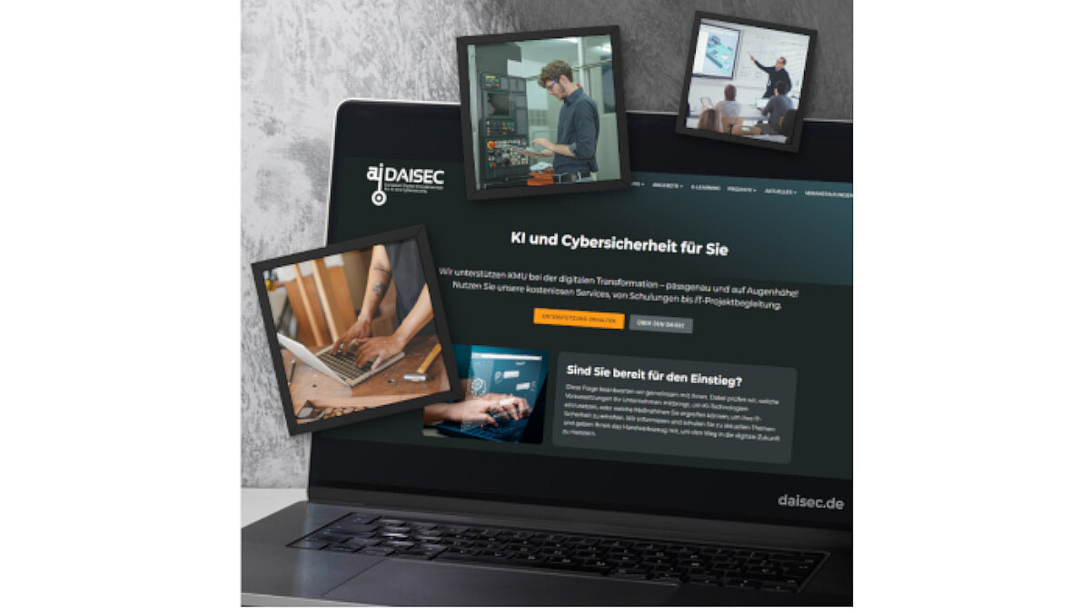 Die Collage veranschaulicht das Angebot „KI und Cybersicherheit für Sie“ mit Bildern von Laptop-Arbeit auf der Werkbank und an Maschinen sowie Fortbildung.