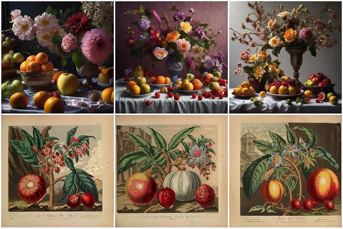 Die 3 oberen Bilder zeigen fotoähnlich unterschiedliche Blumen in einer Vase. Davor liegen verschiedene Früchte auf einer Decke. Die unteren 3 Bilder stellen gezeichnete exotische Pflanzen, Blüten und Früchte in der Natur mit felsigem Hintergrund dar.