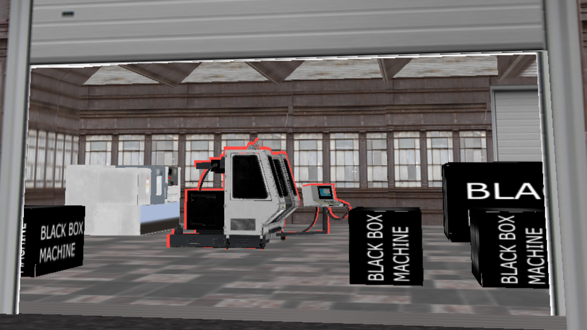 Grafisch dargestelltes Fabriklayout mit Transporteinheit und Black Boxes für Maschinen