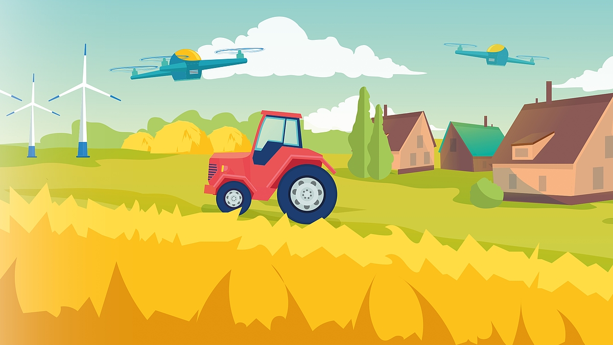 Die Grafik zeigt einen Traktor ohne Fahrer und Drohnen, die über ein Feld fliegen.