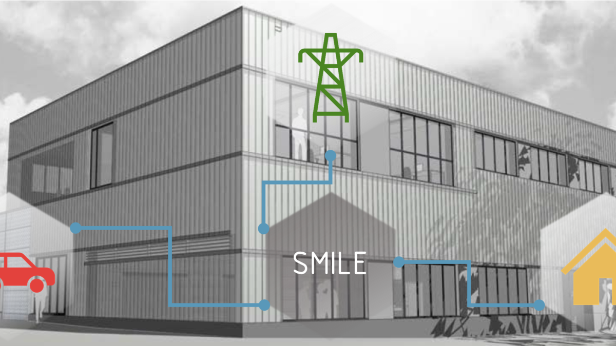 Das Bild zeigt ein Fabrikgebäude und Symbole für intelligente Energienetze.
