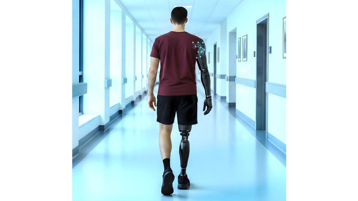 Die Illustration zeigt einen Mann von hinten, der einen Flur entlang geht. Rechts trägt er eine Arm- und Beinprothese. In der rechten Schulter sind elektronische Netzpunkte und Bahnen dargestellt.