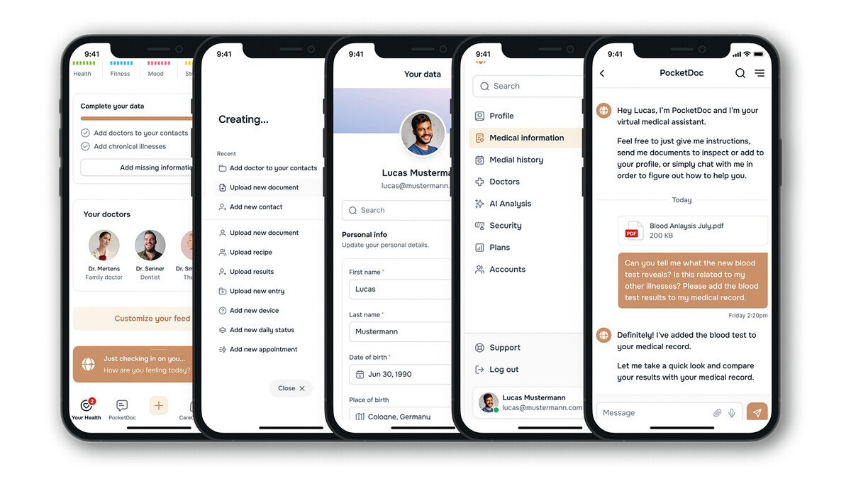 Die Grafik zeigt auf fünf übereinandergelegten Handydisplays verschiedene Anwendungen des virtuellen Medizin-Assistenten, zum Beispiel Ärzte erfassen und Dokumente aufrufen. In einem Chat mit dem „PocketDoc“ geht es um den aktuellen Bluttest, der zur Krankenakte hinzugefügt werden soll. Der Anwender fragt, ob das Ergebnis mit seinen anderen Erkrankungen zusammenhängt? 