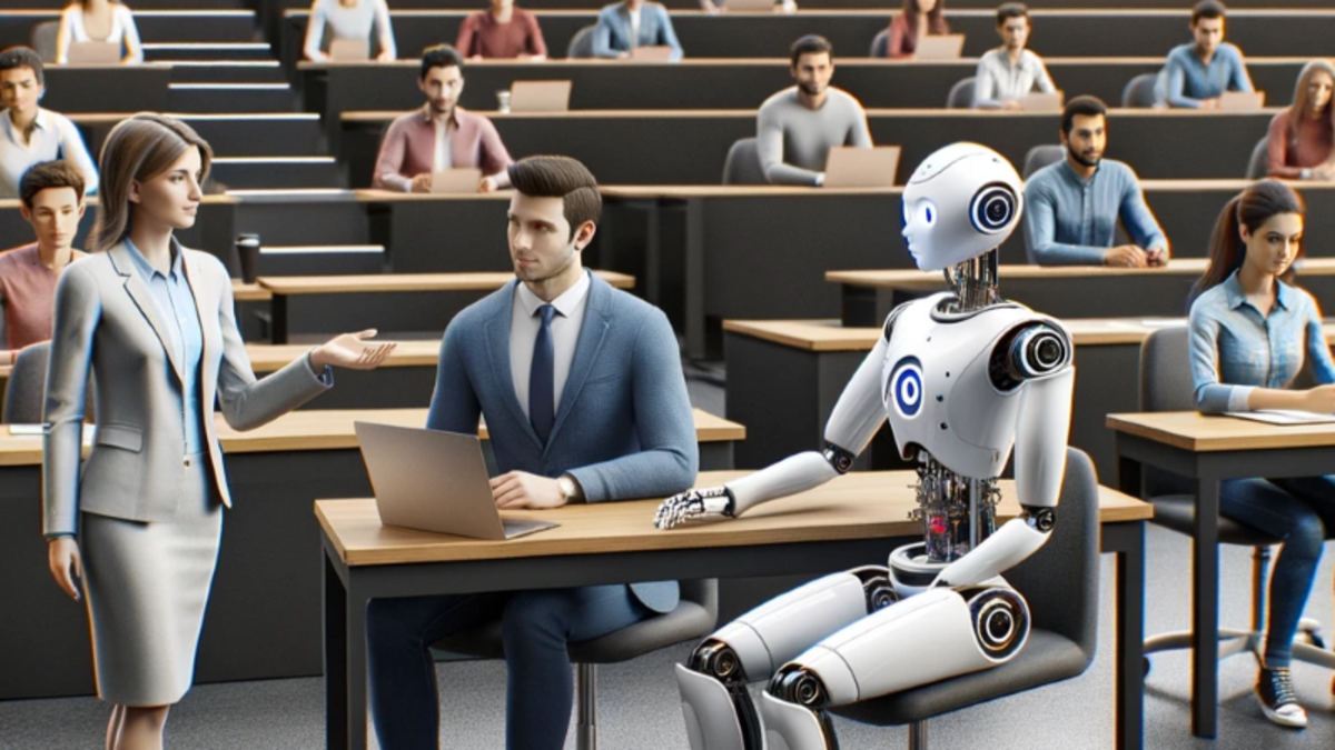 Das KI-generierte Bild zeigt einen Hörsaal mit Menschen. Ein humanoider Roboter sitzt mit einem Zuhörer am Tisch, während eine Frau vorträgt.