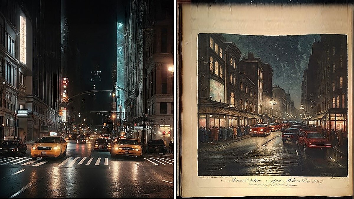 Das linke KI-Bild ähnelt einem modernen Foto einer Straße bei Nacht mit Hochhäusern und Autos. Das rechte KI-Bild stellt eine vergleichbare Szene in gezeichnetem Stil der 50er Jahre dar, mit Menschen und niedrigeren Häusern.
