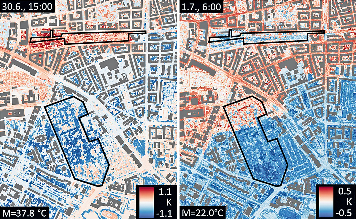 Zwei Karten nebeneinander zeigen die Temperaturdifferenzen im Stadtgebiet von Leipzig.