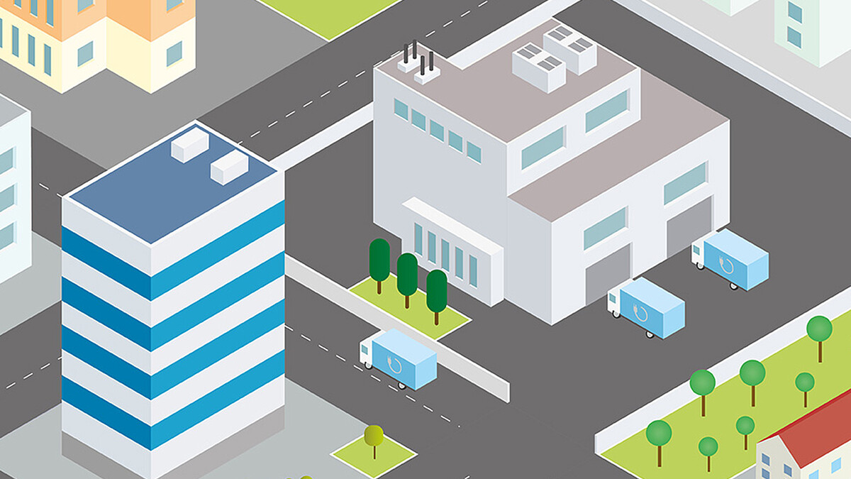 Illustration mit Gebäuden und Lieferwagen