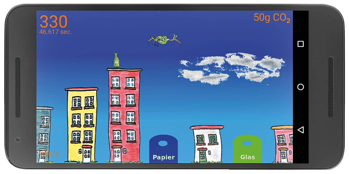 In einer Animation fliegt ein Vogel über Häuser und Müllcontainer.