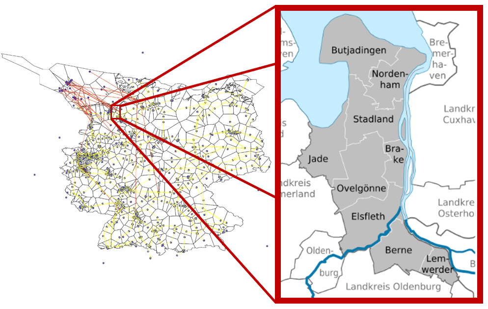 Über eine Deutschlandkarte ist als vergrößerter Ausschnitt die Karte der Wesermarsch gelegt.