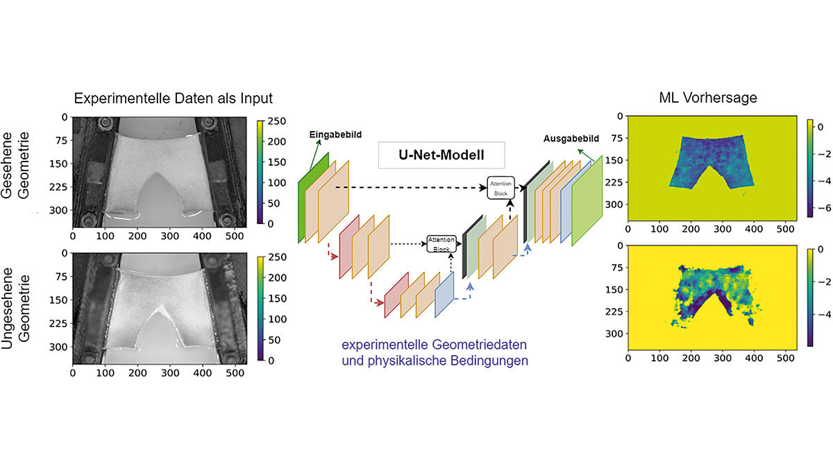Das Schaubild zeigt zwei Ausschnitte einer Gefäßwand als experimentelle Geometriedaten, Symbole für ein u-förmiges neuronales Netz und die Vorhersage von Gefäßwandrissen.
