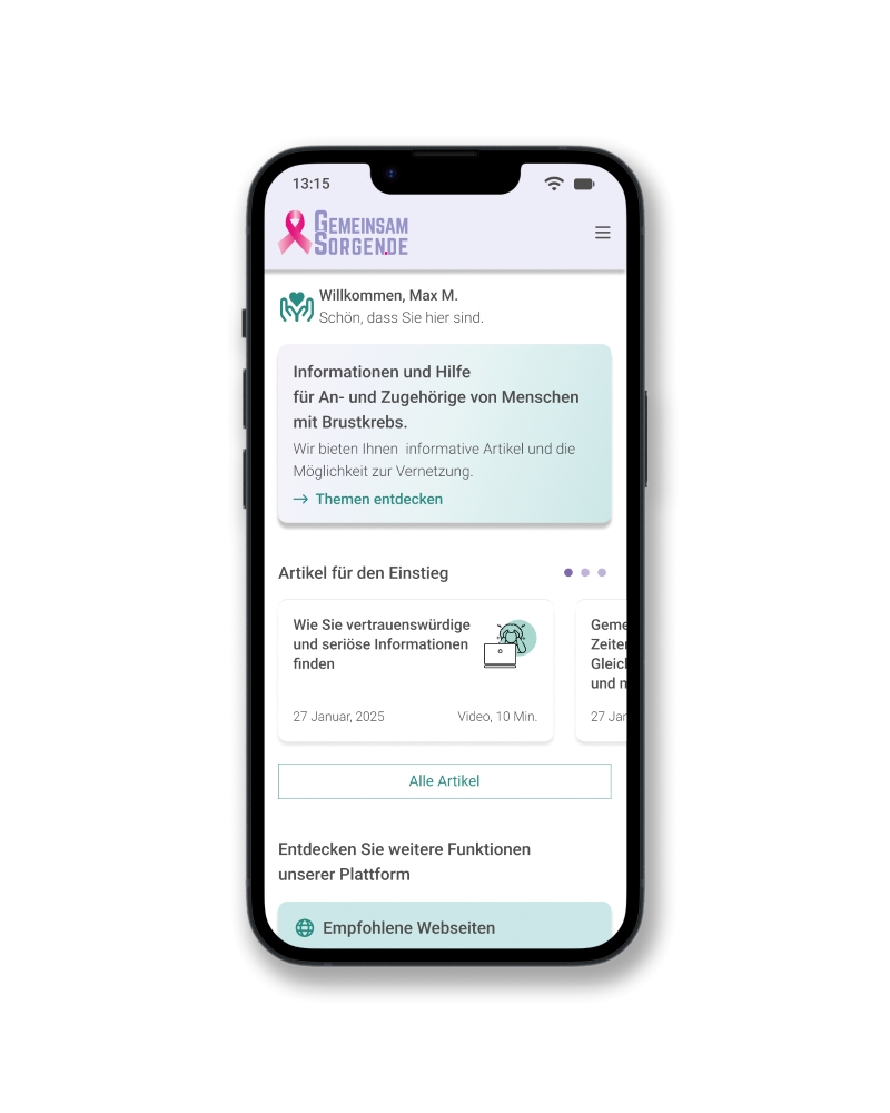 Das Handydisplay zeigt die Startseite des Portals mit Zugang zu seriösen Informationen und die Möglichkeit zur Vernetzung.